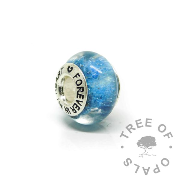 FIMH blue cremation bead, forever in my heart core, cremation ashes and Aegean blue resin sparkle mix