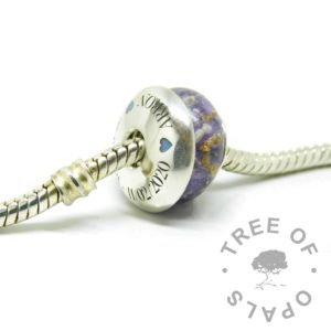 purple ashes bead gold leaf, orchid purple resin sparkle mix, forever in my heart core. Engraved washer with Silver South Serif font and blue heart emojis (cold enamel)