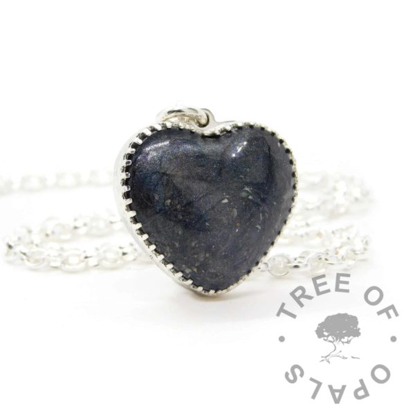 New style heart necklace setting with scalloped edge. Vampire black resin sparkle mix, shown with a medium classic chain upgrade