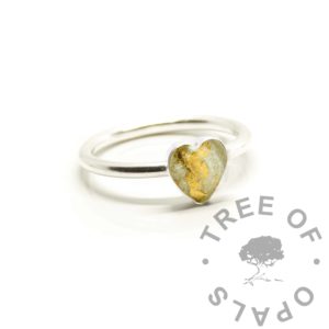 Breastmilk Heart Ring classic band 8mm heart bezel ring setting with direct pour or filled set breastmilk and lots of gold leaf with pearlescent gold shimmer. Handmade solid silver keepsake, breastfeeding keepsake ring setting. Solid 940 anti-tarnish silver band and setting 925 solid silver. Digital mockup photo