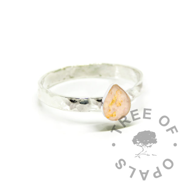 Umbilical Cord Heart Ring wide satin band 8x6mm teardrop bezel ring setting with direct pour breastmilk, pastel pink sparkles and gold leaf. Handmade solid silver keepsake, breastfeeding keepsake ring setting. Solid 940 anti-tarnish silver band and setting 925 solid silver. Digital mockup photo Breastmilk Teardrop Ring