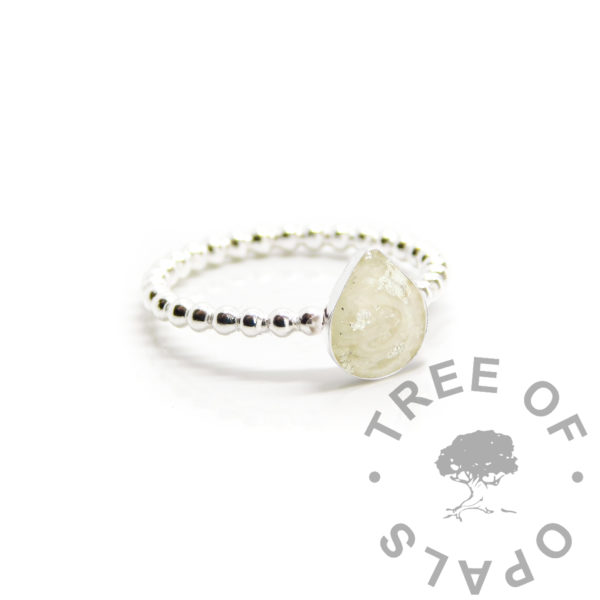 Breastmilk Teardrop Ring bubble band 8x6mm teardrop bezel ring setting with direct pour or filled set breastmilk with diamond powder and silver leaf. Handmade solid silver keepsake, breastfeeding keepsake ring setting. Solid 940 anti-tarnish silver band and setting 925 solid silver. Digital mockup photo