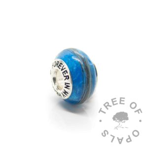 lock of hair bead blue hair bead silver setting, solid 925 sterling. Salt and pepper hair, Aegean blue resin sparkle mix, Forever in my Heart core