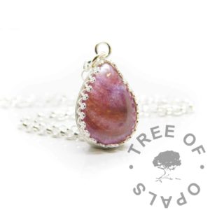 Lock of Hair Crown Teardrop Necklace Pink hair teardrop necklace. Crown point teardrop setting in solid sterling silver, 925 stamped. Fairy pink resin sparkle mix. Shown with a medium classic chain (not included)