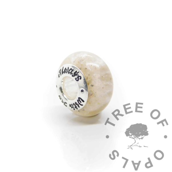 ashes and white bead cremation ashes and unicorn white resin sparkle mix, Pandora style bead core