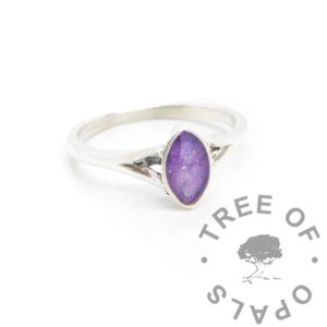 Cremation ashes Hannah marquise ring, orchid purple resin sparkles. Solid silver hand finished marquise setting with split shank