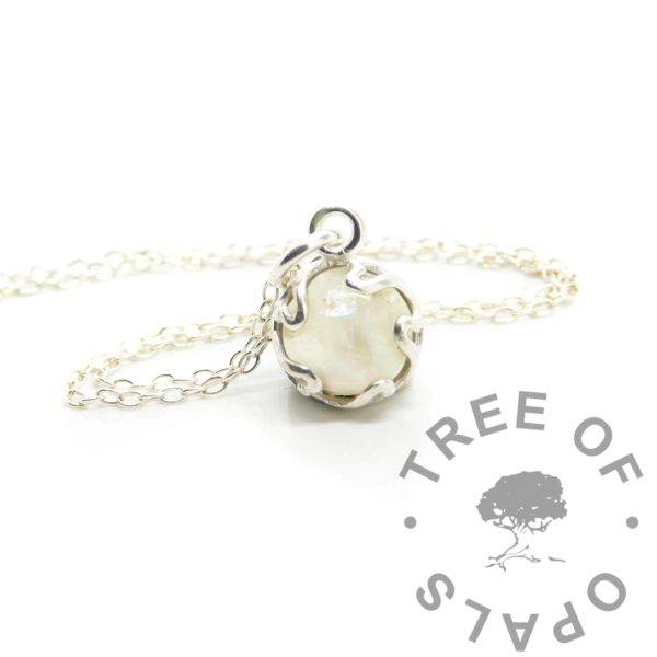 white ashes heart point necklace, cremation ashes with unicorn white resin sparkle mix in a solid sterling silver 8mm round heart point bezel cup with a lightweight necklace chain