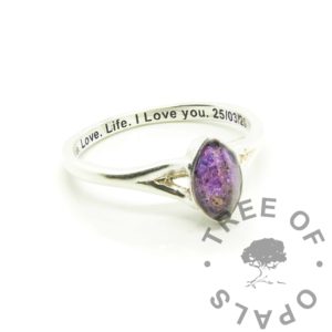 engraved purple Hannah marquise cord ring, umbilical cord and orchid purple resin sparkle mix. Split shank solid Argentium silver ring setting engraved with Arial font