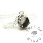 lock of hair small heart point necklace setting. Keepsake jewellery, 8mm round solid sterling silver setting. Hair with unicorn white sparkles