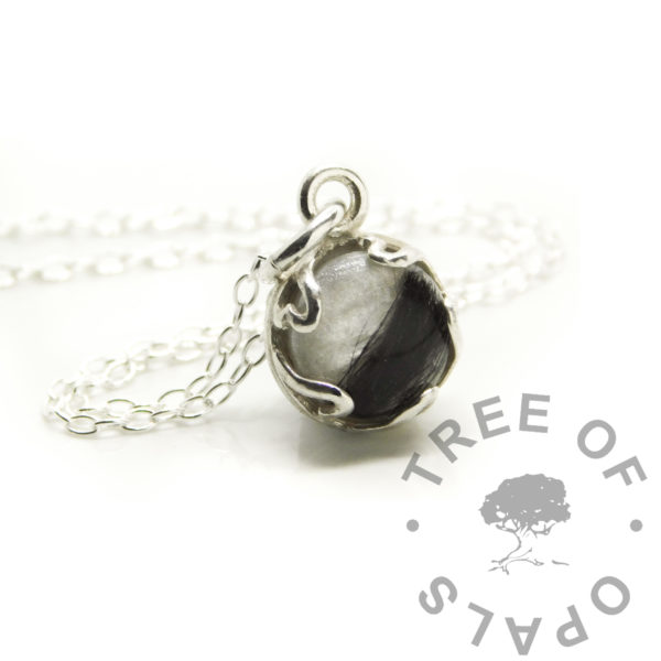 lock of hair small heart point necklace setting. Keepsake jewellery, 8mm round solid sterling silver setting. Hair with unicorn white sparkles