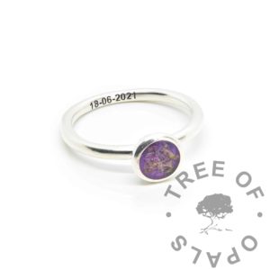 purple Ayla cord ring, orchid purple resin sparkle mix with ground umbilical cord. Ayla solitaire ring setting with 6mm fillable bezel cup, engraved inside with Arial font