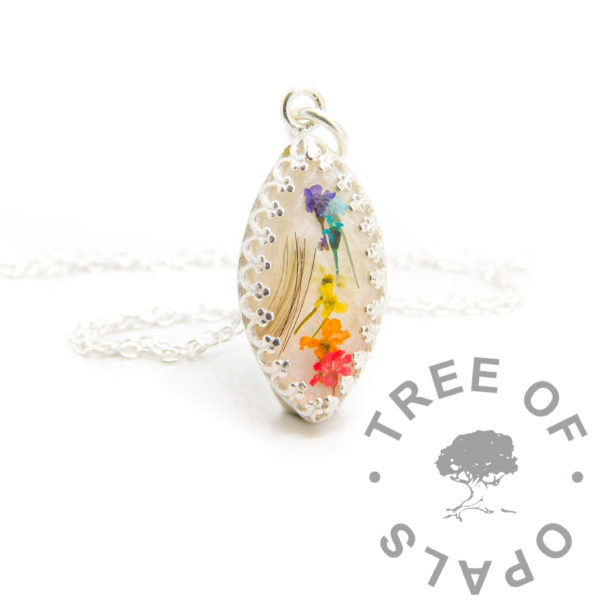 marquise hair flower necklace, lock of hair and unicorn white resin sparkle mix, tiny flowers in rainbow