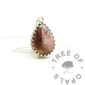 Crown Ashes Teardrop Necklace crown teardrop necklace ashes and fur. Fairy pink resin sparkle mix with cremation ashes and pet's fur. Shown with a 1.3mm lightweight chain. Solid sterling silver 925