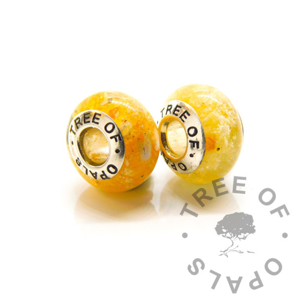 citrine memorial beads, genuine citrine large hole European beads. Cremation ashes and citrine colour sparkle mix