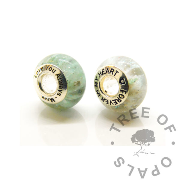 Alternative Inclusion Beads, one with engraved bead fore and one forever in my heart. Aqua sparkle mixes, normal and pastel