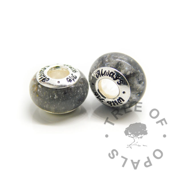 dark grey solid silver cremation beads, vampire black resin sparkle mix and silver and black mica powders. Bead cores stamped with Always With Me