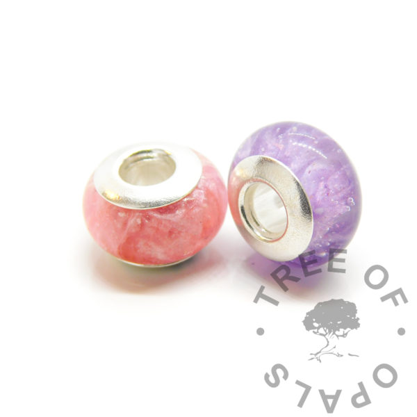 pink and purple cremains beads, fairy pink and orchid purple resin sparkle mix. Solid sterling silver 925 bead cores