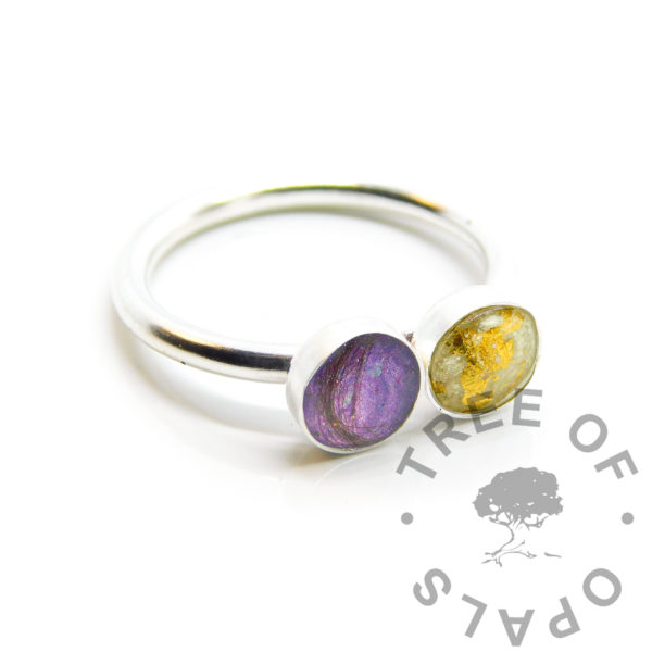 Duo Hair Ring Duo breastmilk ring duo ring mockup, purple hair and gold breastmilk duo ring classic, two 6mm bezel cups for direct pour or filling with your choice of elements or inclusions. Classic shank, anti tarnish silver handmade. Side view