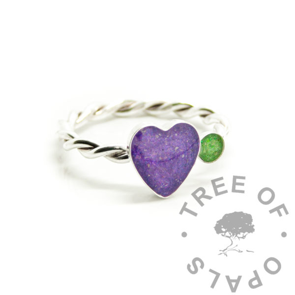 heart round duo twist ring, solid silver setting. Orchid purple 8mm heart, basilisk green 3mm round setting