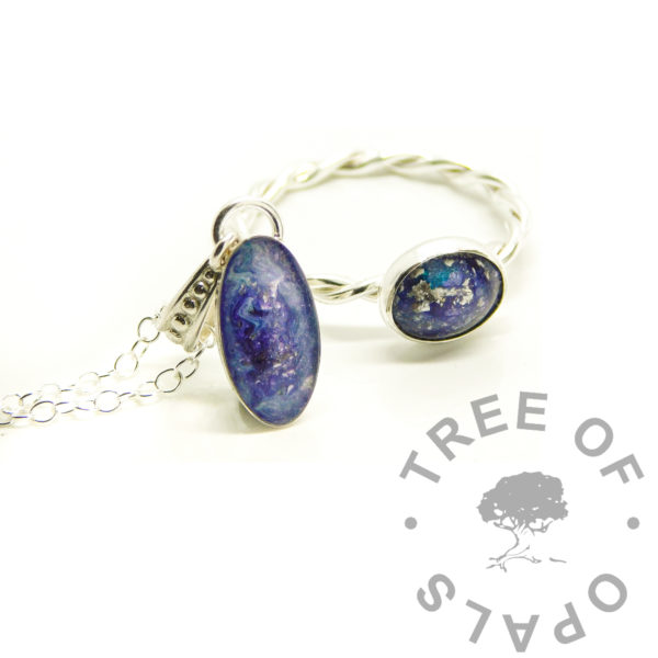 Mystery Ashes Into Jewellery Mystery piece Family order ring and necklace, ash alcohol ink purple and cereulian and a little white. cremation ash twisted band ring with 10x8mm oval landscape setting with resin stone, 15x9mm oval necklace setting with bubble bail and 1.7mm chain all solid sterling silver. making breastmilk jewelry and cremains jewellery, lock of hair and fur or umbilical cord keepsakes