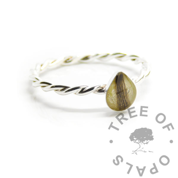 Lock of Hair Teardrop Ring twist teardrop bezel ring, lock of hair and pastel yellow resin sparkle mix and white gold leaf, solid silver ring, handmade with bezel tray for filling or direct pour. Keepsake jewellery making memorial memento and breastmilk jewelry