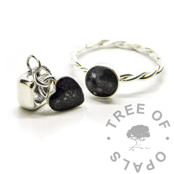 colour options black twist ash ring and heart dangle charm, solid silver twisted band handmade ring and heart setting with square large hole silver bead setting for Chamilia and Pandora style bracelets (European style). 8mm round bezel cup rubbed over a cremation ashes and vampire black resin sparkle mix stone ring, 8mm heart direct pour bezel cup