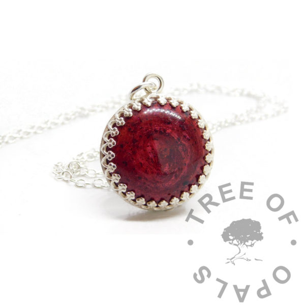 Alternative Inclusion Necklace blood necklace, dried menstrual blood menarche celebration jewellery, also suitable for baby loss and miscarriage memento and keepsakes. Solid sterling silver 18mm round crown point setting with 1.3mm chain