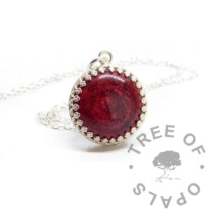 Alternative Inclusion Necklace blood necklace, dried menstrual blood menarche celebration jewellery, also suitable for baby loss and miscarriage memento and keepsakes. Solid sterling silver 18mm round crown point setting with 1.3mm chain