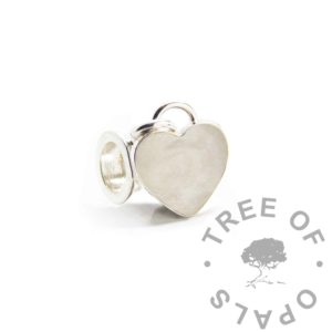Heart Breastmilk Dangle Charm shimmer breastmilk heart dangle charm, solid sterling silver 8mm heart bezel cup with breastmilk and purple pearlescent sparkles, no boobie awards. European dangle charm setting for Chamilia and Pandora style bracelets