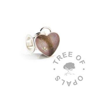Heart Hair Dangle Charm pink hair heart dangle charm, solid sterling silver 8mm heart bezel cup with lock of hair and fairy pink resin sparkle. White gold leaf in resin. European dangle charm setting for Chamilia and Pandora style bracelets