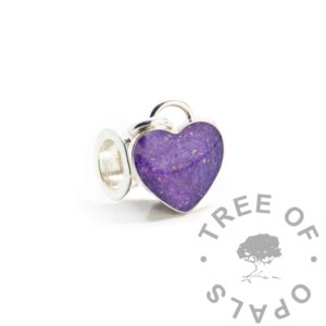 Heart Ashes Dangle Charm purple ashes heart dangle charm, solid sterling silver 8mm heart bezel cup with cremation ashes and orchid purple resin sparkle with resin. European dangle charm setting for Chamilia and Pandora style bracelets