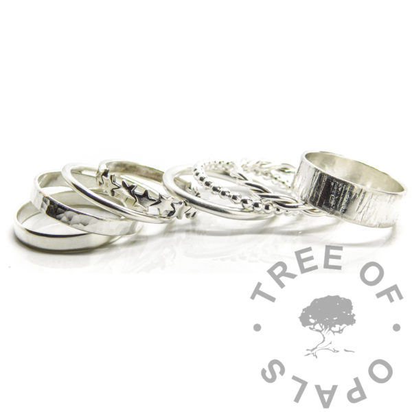 solid silver ring bands, eight styles of ring band for keepsake and memorial rings. 3mm wide satin, 3mm wide textured, minimalist, star, classic, bubble, twisted and 6mm tree bark. Available with and without bezel cups in any size. Wide, chunky, classic and minimalist rings available with various textures such as textured, tree band and brushed.