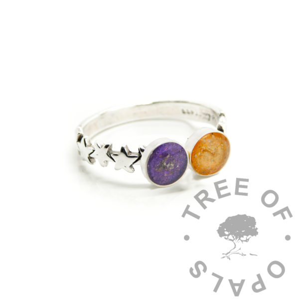 star band 6mm round duo ring setting with direct pour ashes with purple and orange. Handmade solid silver keepsake, memorial and breastmilk ring setting. Solid sterling silver band and setting 925. Digital mockup photo
