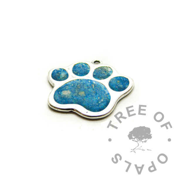 blue ash pawprint, solid sterling silver 925 stamped setting, direct pour or filled setting with cremation ashes and aegean blue resin sparkle mix. Cremains necklace resin jewellery cremation jewelry photo mockup