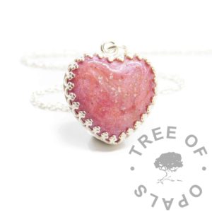 Crown Heart Cord Necklace pink cord heart necklace, umbilical cord with clear resin and fairy pink resin sparkle mix, memento jewelry. Solid sterling silver crown point 18mm heart setting and lightweight 1.3mm chain