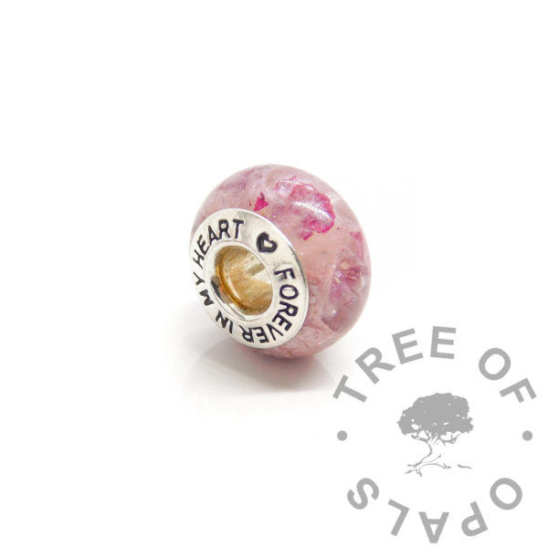 rose petal and cremation ashes bead with Forever In My Heart core, solid sterling silver with pastel pink resin sparkle mix. Handmade memorial jewelry for European Chamilia or Pandora style bead made of resin for snake bracelet or necklace. Memento jewelry with petals.