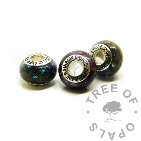 Family order memorial beads - pet keepsakes Over The Rainbow Bridge beads, fur and cremains beads, ashes and vampire black resin sparkle mix with green blue purple iridescent shards, purple and fur with rose petals. Cat memorial bead, dog fur keepsake
