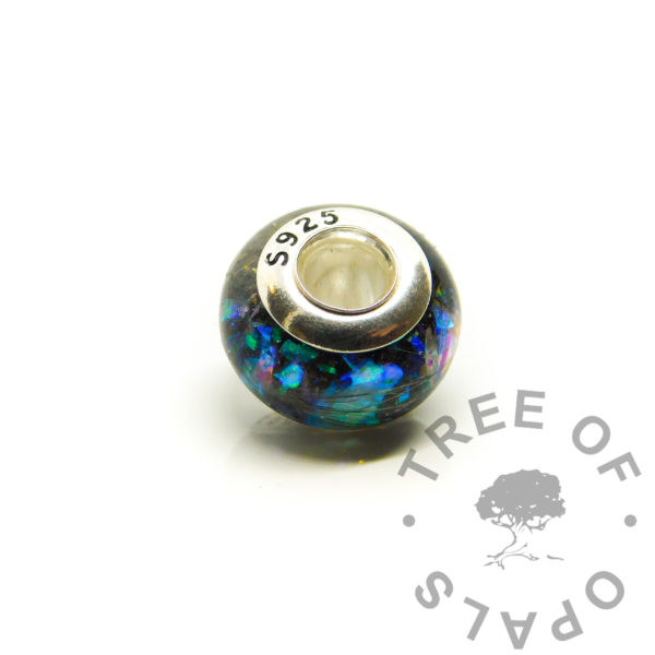 Over The Rainbow Bridge bead, fur and cremains bead, ashes and vampire black resin sparkle mix with green blue purple iridescent shards. Cat memorial bead, dog fur keepsake