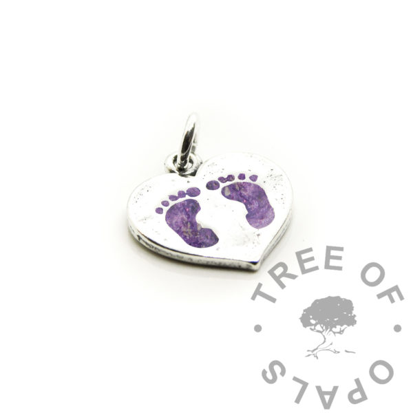 Limited Edition Cremation Necklaces footprint heart purple ashes, sparkle and shimmer orchid purple resin mix, direct pour memorial keepsake