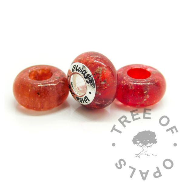 red ashes bead AWM, dragon's blood red resin sparkle mix and red alcohol ink, red cores. Cremation bead and solid sterling silver 925 stamped Always With Me bead core