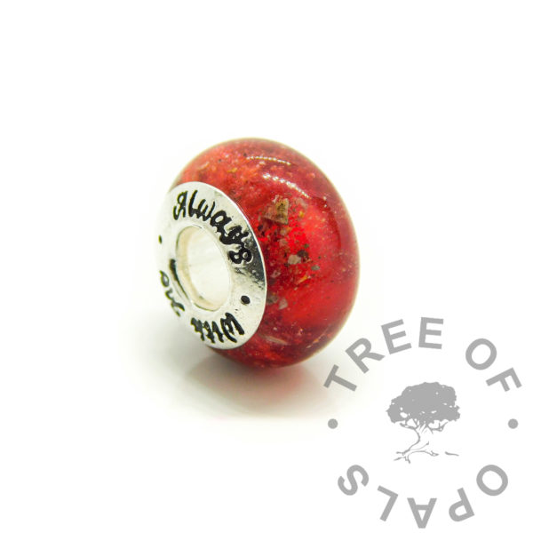 red ashes bead AWM, dragon's blood red resin sparkle mix and red alcohol ink, red core. Cremation bead and solid sterling silver 925 stamped Always With Me bead core