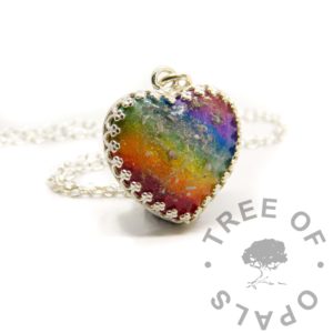 Rainbow Resin Gallery Crown Ashes Heart Necklace solid silver rainbow ash heart solid 925 silver handmade necklace. Cremation ashes in resin with resin sparkle mix colours. Real silver crown point open back necklace setting shown with 1.7mm chain upgrade, 18mm crown heart setting