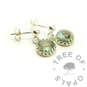 Lock of Hair Earrings teal crown round stud dangle earrings hair, 8mm round crown point setting, stud earrings with loops attached directly to crown settings, no jump ring. Lock of hair necklace keepsake jewelry solid sterling silver 925