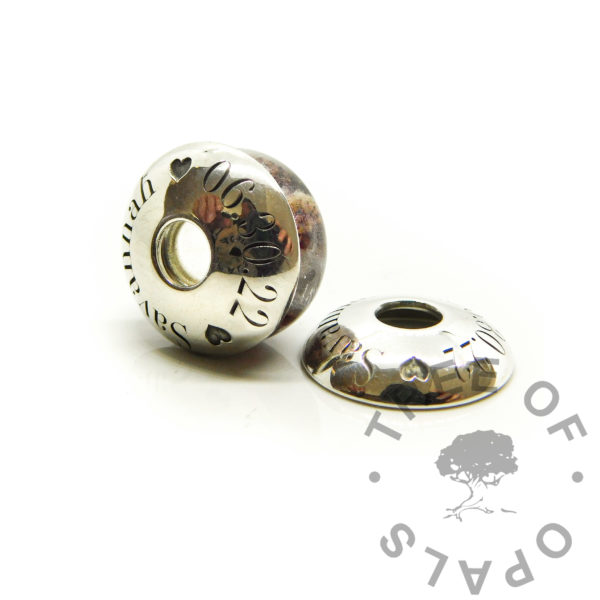 engraved umbilical cord bead and two engraved bead washers. S925 solid recycled sterling silver charm bead liner and two large separate handformed discs. For Chamilia and Pandora style European bracelets. Resin baby keepsake bead with umbilical cord stars and unicorn white resin sparkle mix in a galaxy effect. Engraved with arial font with a date and name and heart emojis