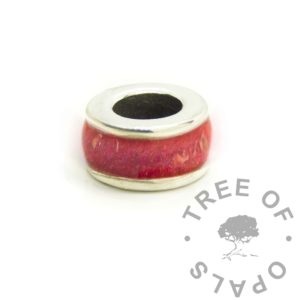 Blood Channel Bead Channel Umbilical Cord Bead red ashes medium channel bead with solid silver core Dragon's blood red resin sparkle mix. Cremains resin memorial keepsake jewellery handmade in the UK. Direct pour