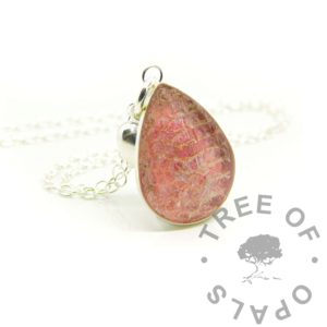 Engravable Cord Teardrop Necklace pink snake memorial teardrop, solid sterling silver 18x13mm bezel necklace setting. Snake shed memorial piece with fairy pink resin sparkle mix, direct pour