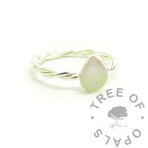 Breastmilk Teardrop Ring watermelon breastmilk ring, pink white and green subtle pastel colours. Twisted band ring setting. Solid sterling silver handmade teardrop ring setting for keepsake and memorial jewellery