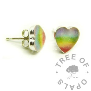Breastmilk Earrings breastmilk rainbow heart stud earrings, solid 925 handmade sterling silver setting. 8mm heart bezel stud earring settings. Breastmilk and shimmery pastel rainbow colours, direct pour. Handmade breastfeeding keepsake jewellery