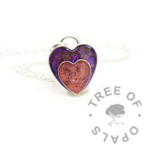 Engraved Cord Heart Necklace cord heart bezel duo necklace. Solid sterling silver necklace setting with two heart bezels. Handmade umbilical cord heart jewellery with lightweight chain. Orchid purple and fairy pink resin sparkle mixes blended with two babies' cords. Umbilical cord keepsake jewellery or placenta powder