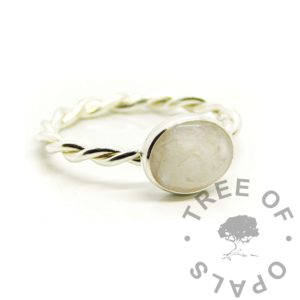 Oval Breastmilk Ring pearly pink breastmilk ring. 935 anti-tarnish silver. 1% purer than 925 sterling silver, shinier and handmade from scratch. Breastmilk jewelry, breast feeding keepsake jewellery with pearlescent pink sparkle mix cabochon stone. Doesn't look pink at first glance but flashes in certain lights, subtle pink colour DIY breastmilk ring kit